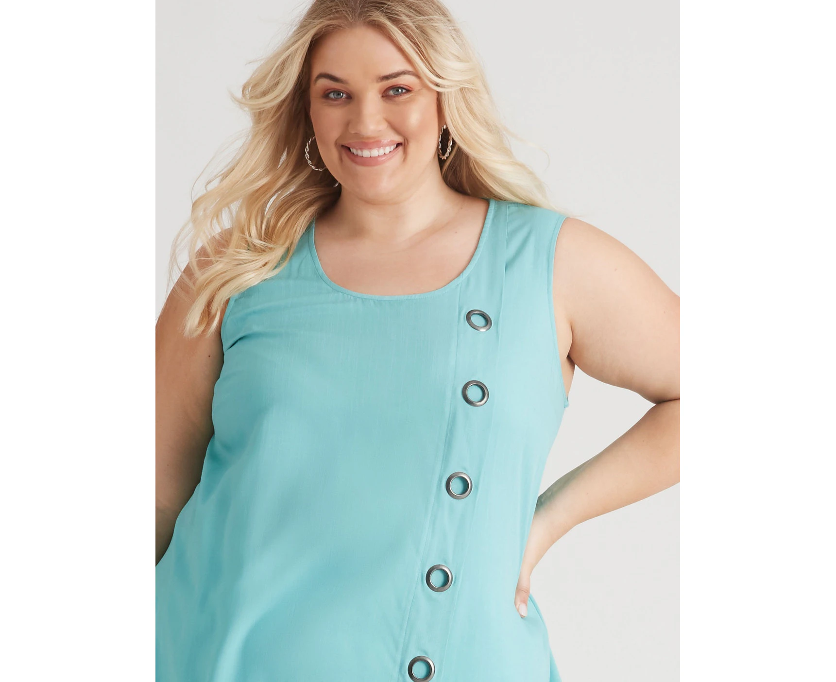 BeMe - Womens Plus Size - Tops - Summer - Tank / TShirt - Blue Cotton - Sleeveless - Crew Neck - Relaxed Fit - Turquoise - Woven - Casual Work Clothes