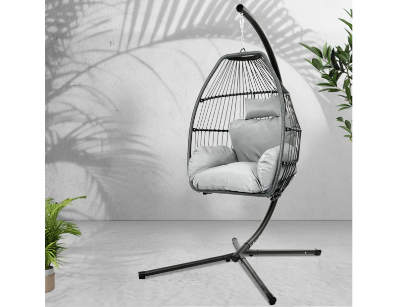 Gardeon Outdoor Egg Swing Chair Wicker Rope Furniture Pod Stand Cushion Grey