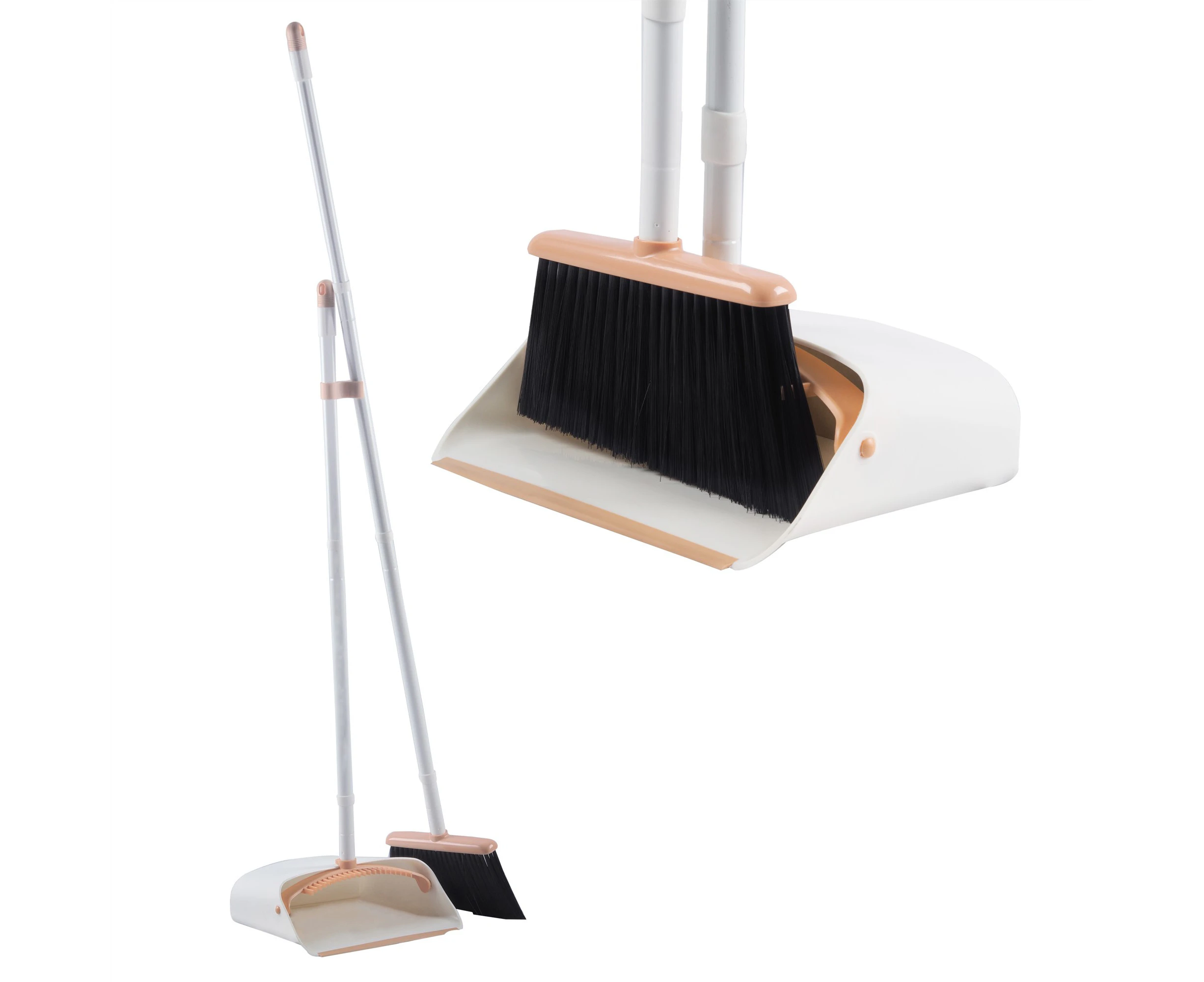 Broom and Dustpan Set Long Handle Soft Bristles Stand Up Store for Home Kitchen Office Orange