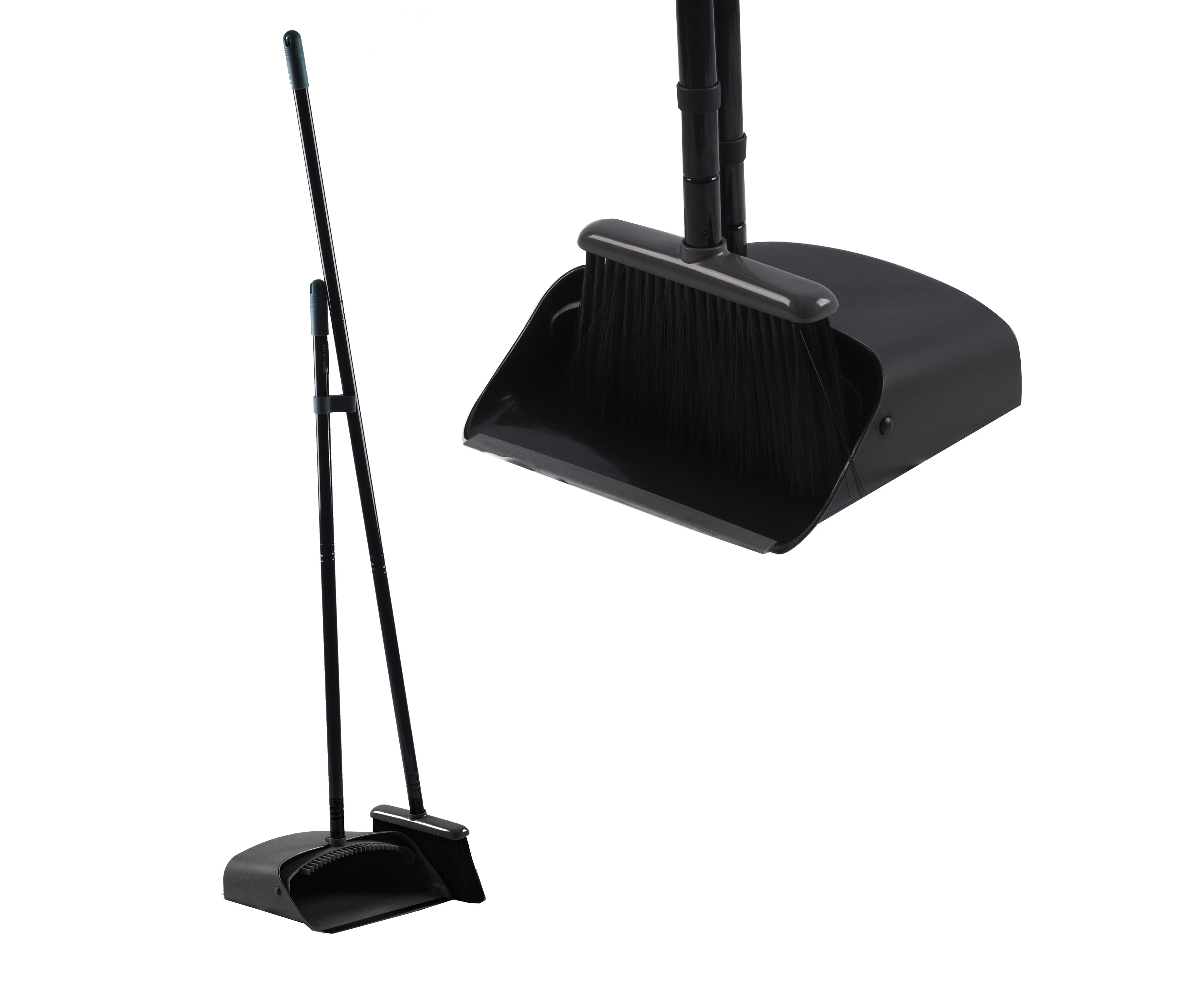 Broom and Dustpan Set Long Handle Soft Bristles Stand Up Store for Home Kitchen Office Black