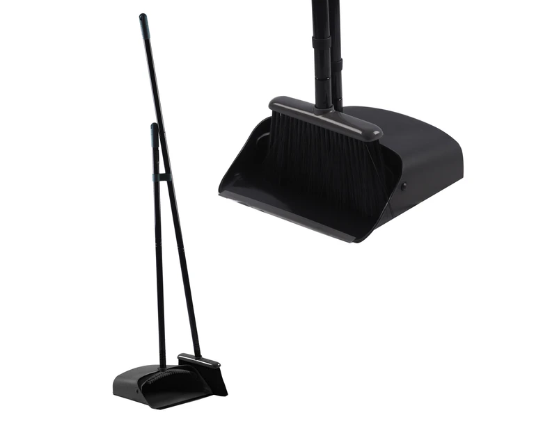 Broom and Dustpan Set Long Handle Soft Bristles Stand Up Store for Home Kitchen Office Black