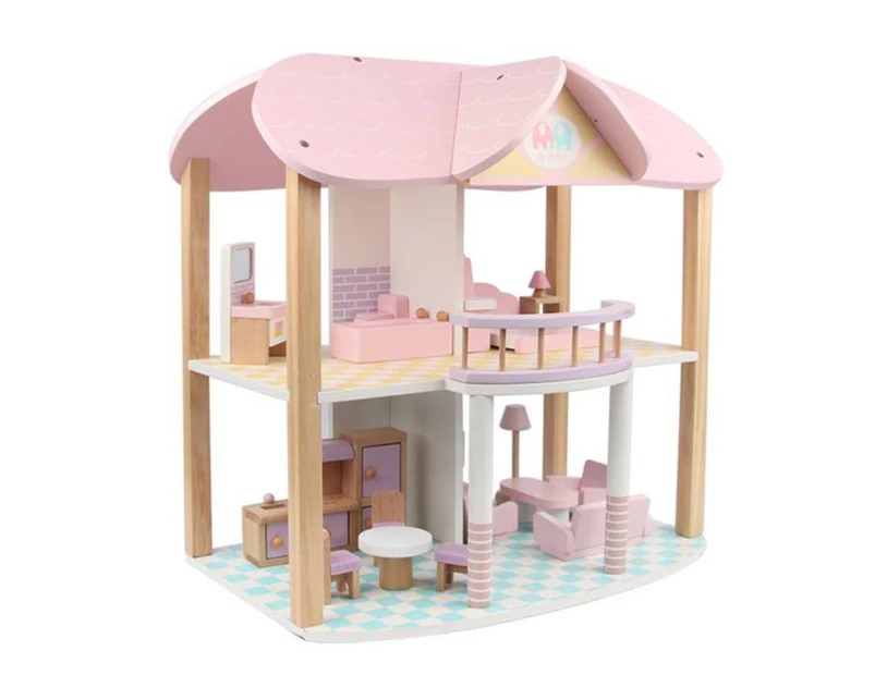 Pink Wooden Dolls House with Furniture Accessories Pretend Play Set For Kids Toys Gift