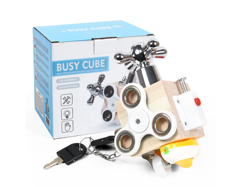 Wooden Busy Board Activity Cube Fidget Training Lock Montessori Educational Toy