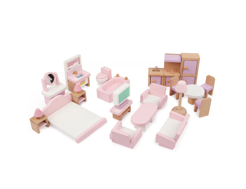 22PCS Pink Dolls House Furniture Wooden Pretend Play Set For Kids Toys Gift