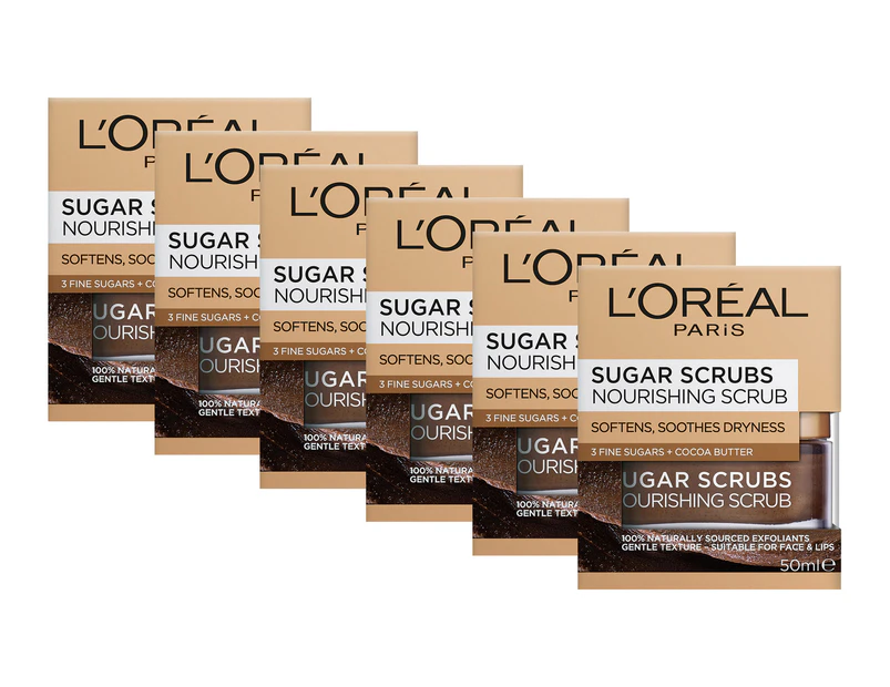 6 x L'Oreal Paris Sugar Scrubs Nourishing Scrub 50mL Softens, Soothes Dryness