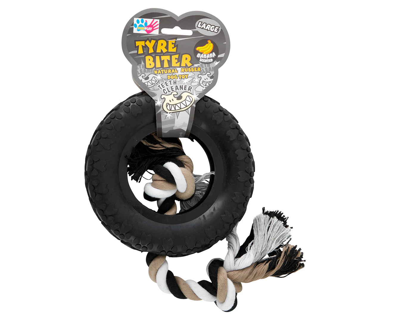 Paw Play 39cm Rubber/Rope Banana Scented Tyre Biter Pet/Dog/Cat Toy Large Black