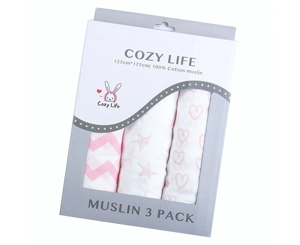 Pack of 3 100% Cotton Large Soft Muslin Swaddle Blanket 125x125cm Pink