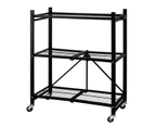 Foldee Storage Rack Heavy Duty Foldable Trolley 3 Shelf Cart with Removable Wheels, Black