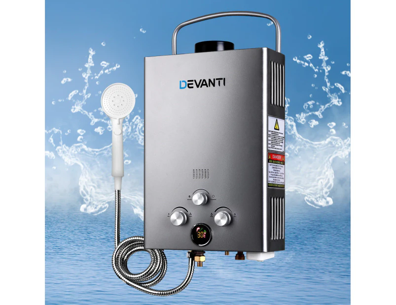 Devanti Portable Gas Water Heater 8L/Min LPG System Grey