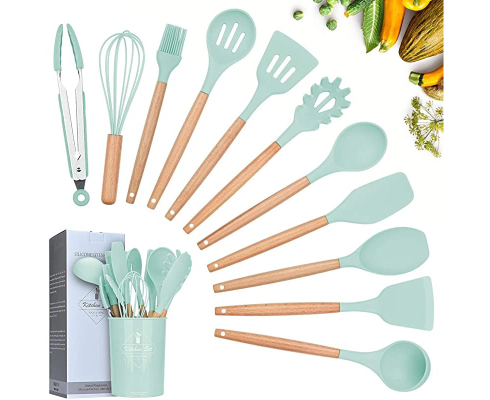 (Light Green) - Silicone Cooking Utensils Kitchen Utensil Set, 12 Pieces Natural Wooden Handles Cooking Tool BPA Free Non Toxic Silicone Turner Tongs Spatu