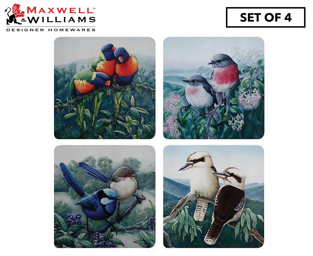 Set of 4 Maxwell & Williams 10.5cm Birds of Australia Cork Back Coasters - Assorted