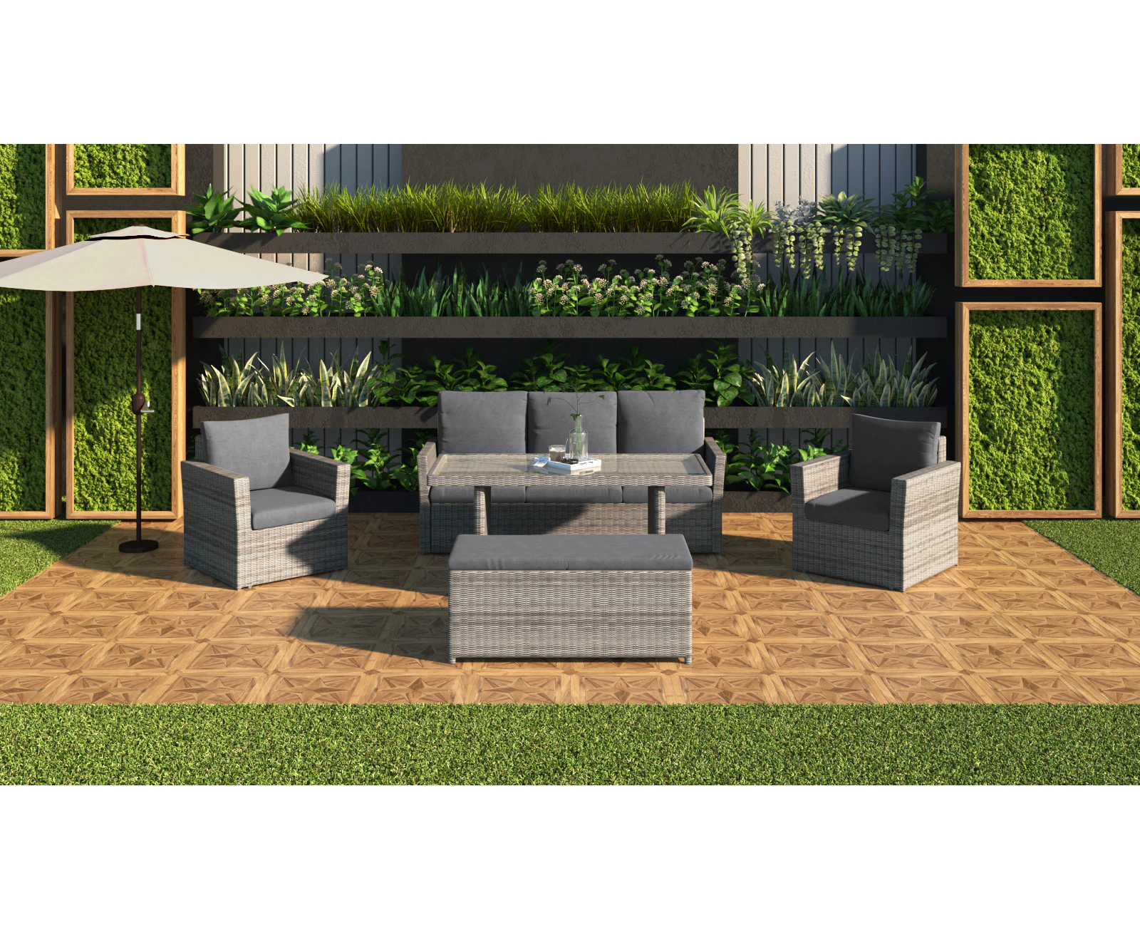 Jubert 5 Piece Outdoor Sofa Lounge Set Wicker Furniture Aluminium Coffee Dining Table Chair Patio Garden - Grey