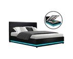 Artiss LED Bed Frame Double Queen King Size Gas Lift Base With Storage Black Leather Lumi Collection