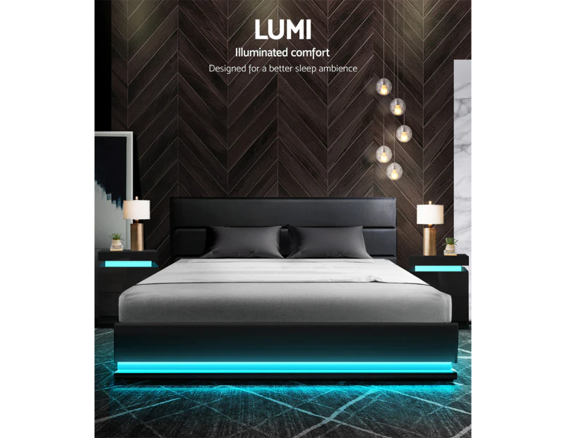 Artiss LED Bed Frame Double Queen King Size Gas Lift Base With Storage Black Leather Lumi Collection