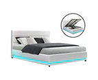 Artiss LED Bed Frame Queen King Size Gas Lift Base With Storage White Leather Lumi Collection