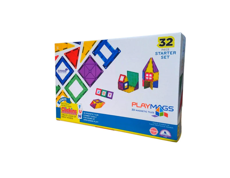 Playmags 32pcs Playmags 3D Quality Magnetic Tiles Supermags + 6 ABC Clickins - STEM Toys for Kids, Magnetic Tiles and Building Blocks, Sturdy