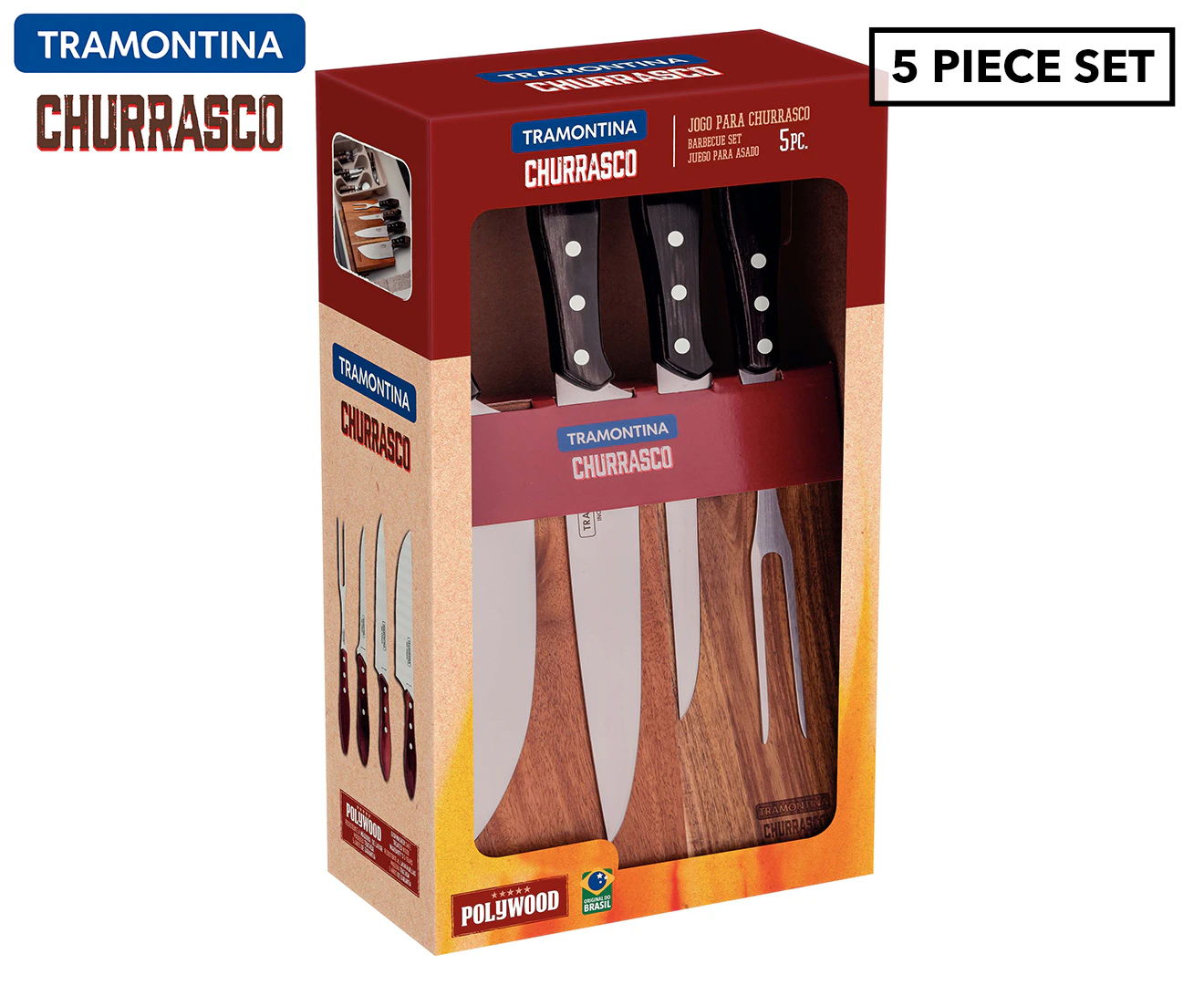 5pc Tramontina Churrasco BBQ Brown Polywood Magnetic Block Knives & Fork Set