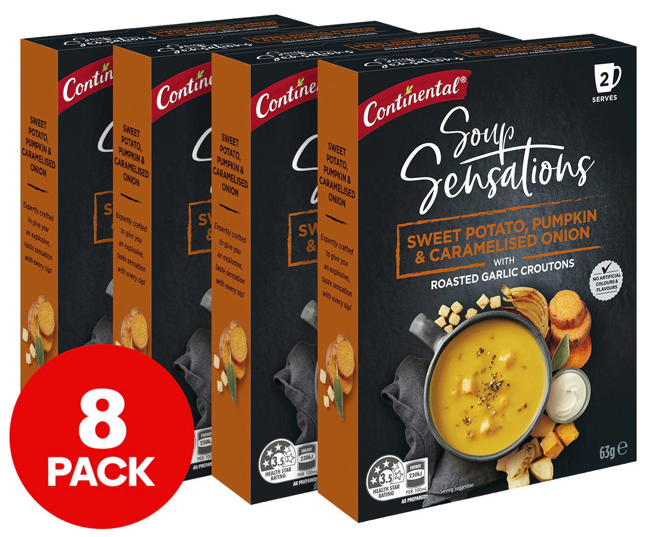 4 x 2pk Continental Soup Sensations Sweet Potato, Pumpkin & Caramelised Onion w/ Roasted Garlic Croutons 63g