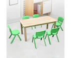 120x60cm Wooden Timber Pinewood Kids Study Table & 6 Green Plastic Chairs Set
