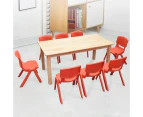 120x60cm Wooden Timber Pinewood Kids Study Table & 8 Red Plastic Chairs Set