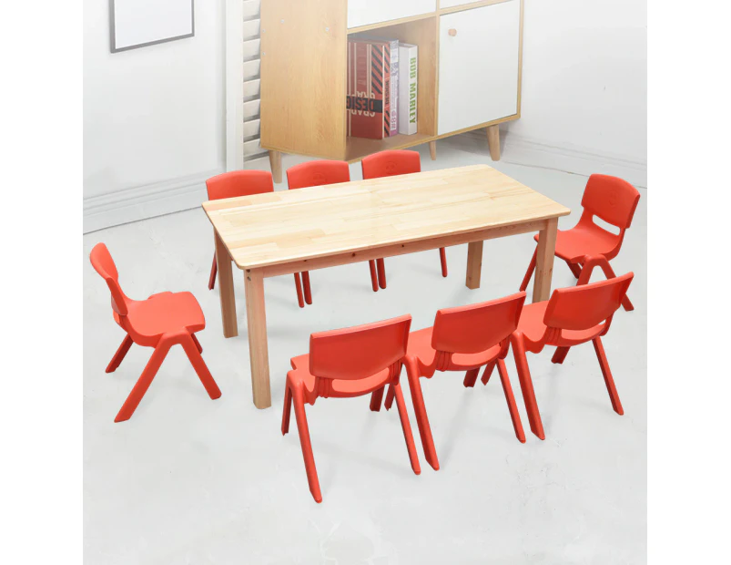 120x60cm Wooden Timber Pinewood Kids Study Table & 8 Red Plastic Chairs Set