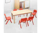 120x60cm Wooden Timber Pinewood Kids Study Table & 6 Red Plastic Chairs Set