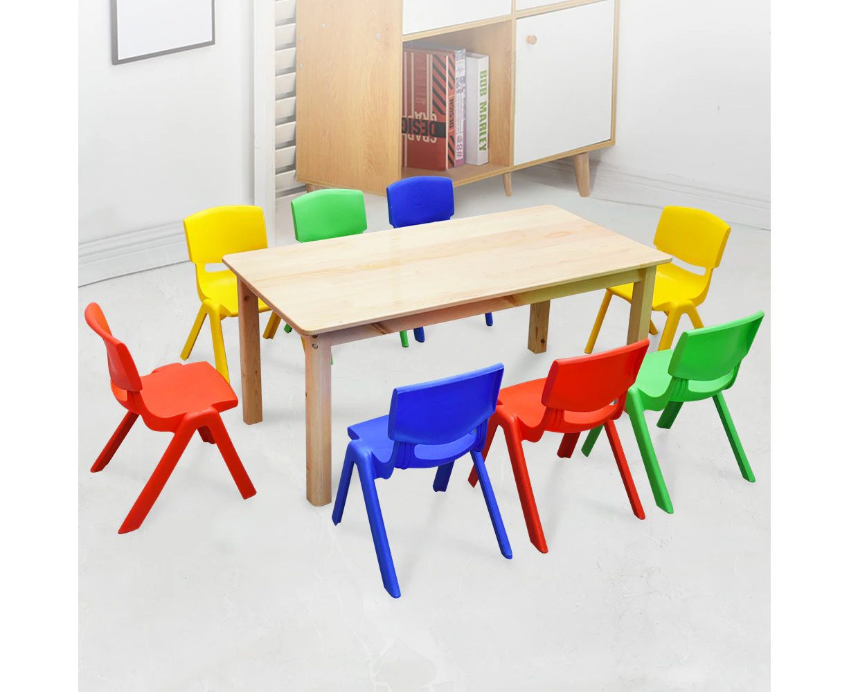 120x60cm Wooden Timber Pinewood Kids Study Table & 8 Mixed Plastic Chairs Set