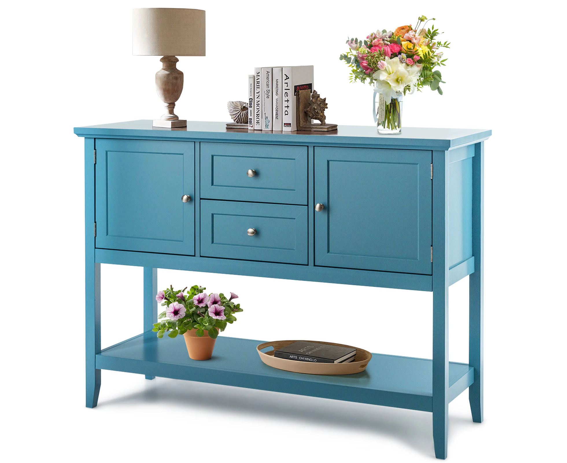 Giantex Wood Console Table Kitchen Buffet Sideboard w/2 Drawers & 2 Cabinets & Open Shelf Sofa Table Blue