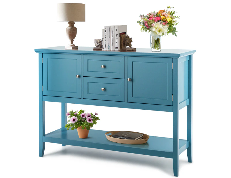 Giantex Wood Console Table Kitchen Buffet Sideboard w/2 Drawers & 2 Cabinets & Open Shelf Sofa Table Blue