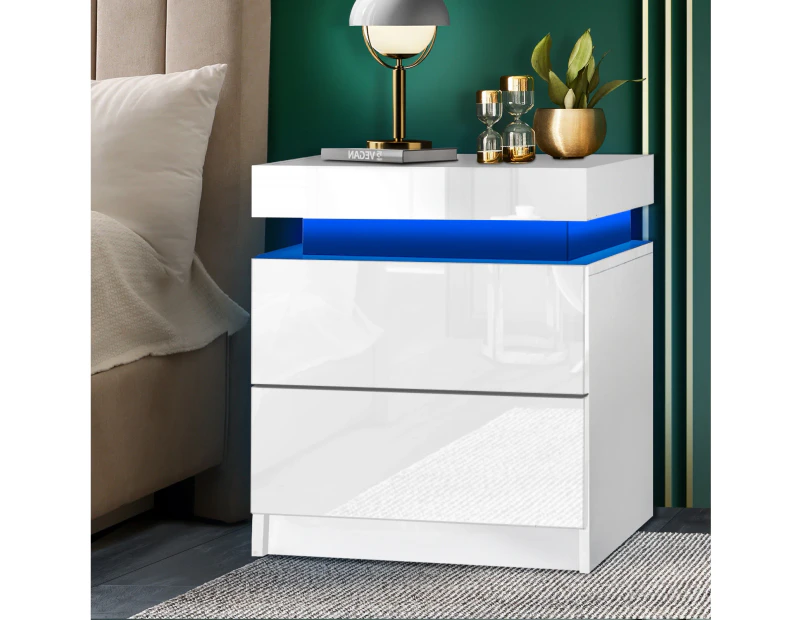 Oikiture Bedside Table 2 Drawers RGB LED Nightstand Cabinet Side Table Furniture