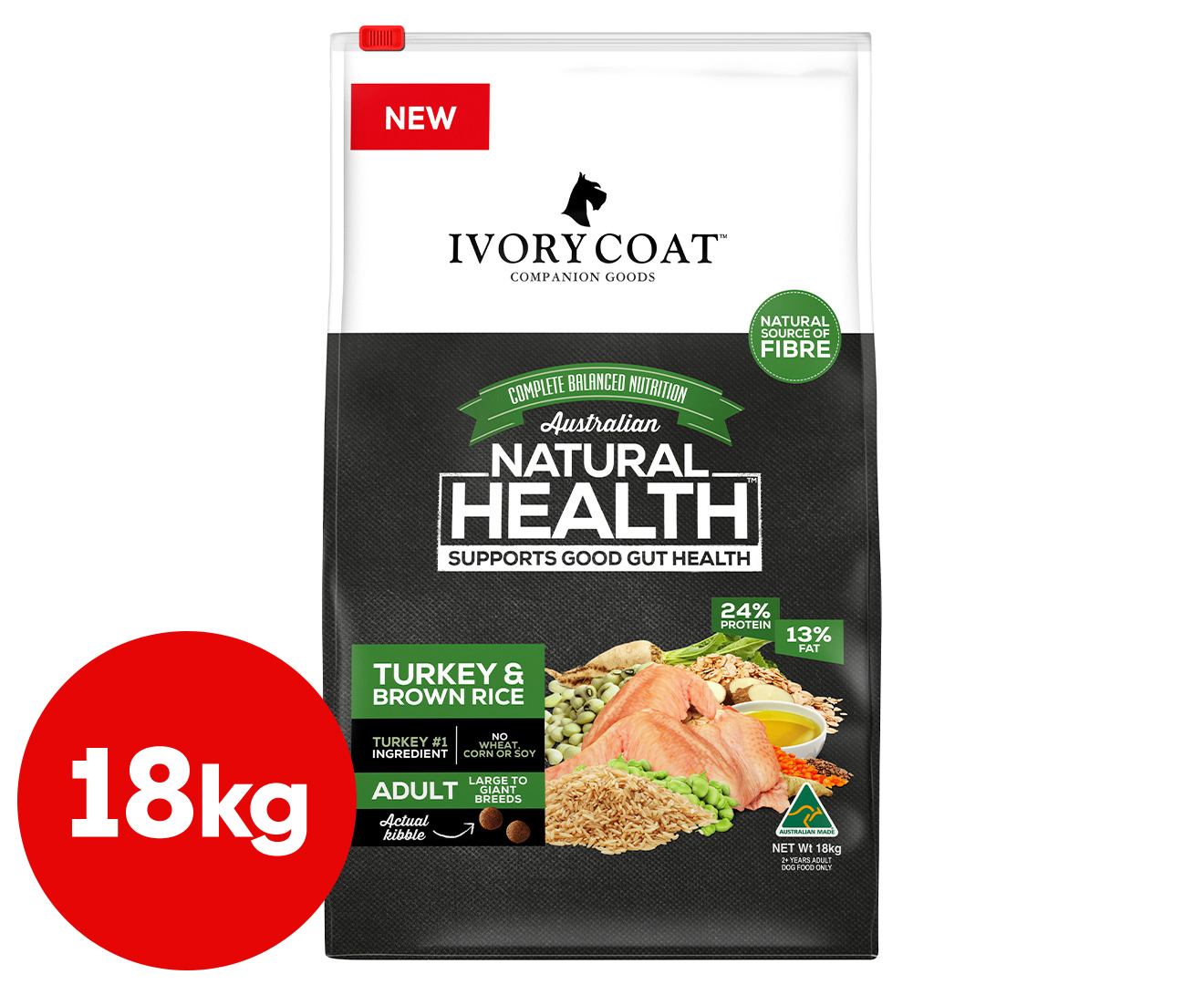 Ivory Coat Large Breed Adult Dry Dog Food Turkey & Brown Rice 18kg