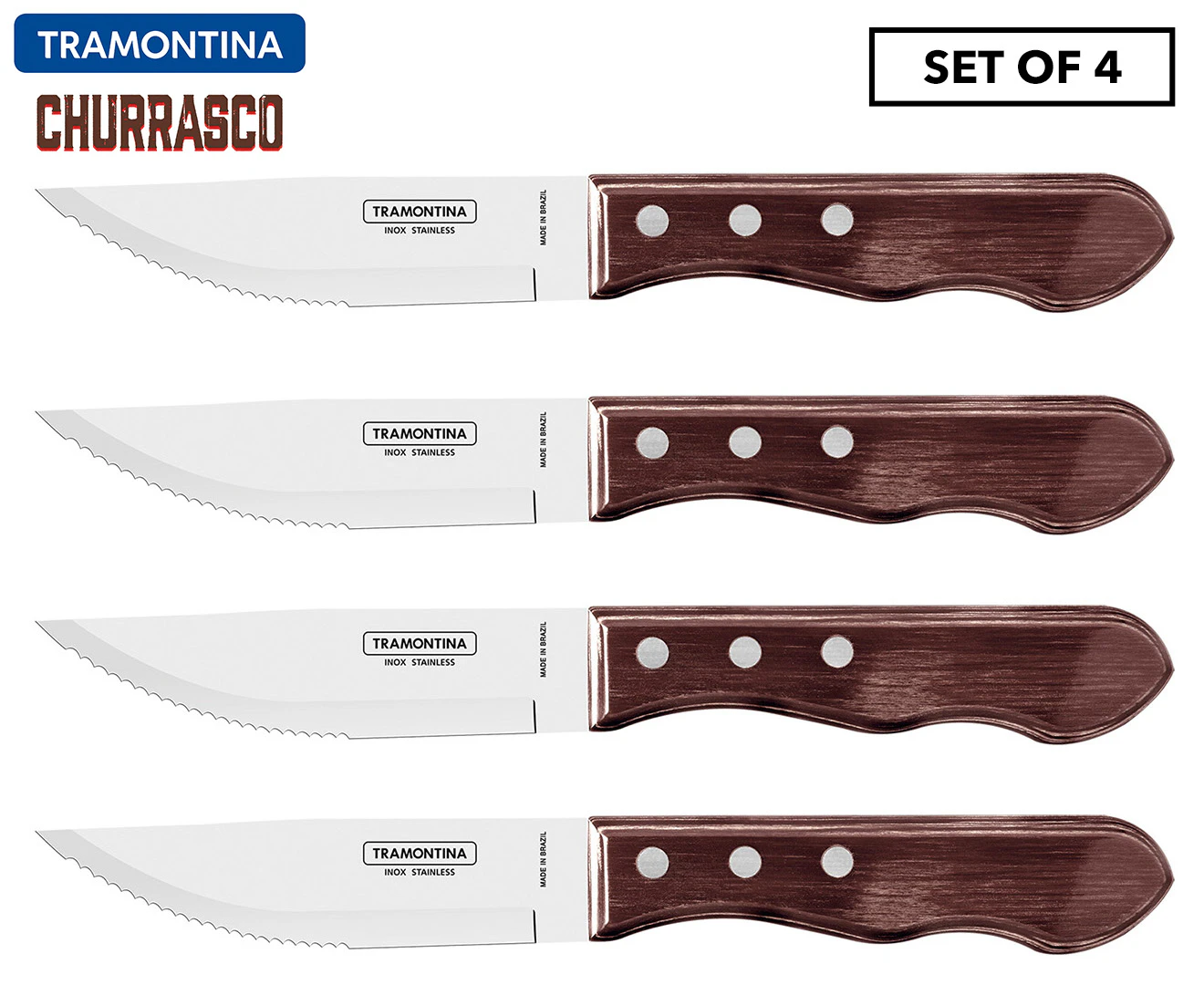 4pc Tramontina Jumbo Steak Knife Kitchen Cutting/Chopping BBQ Tool Set Brown