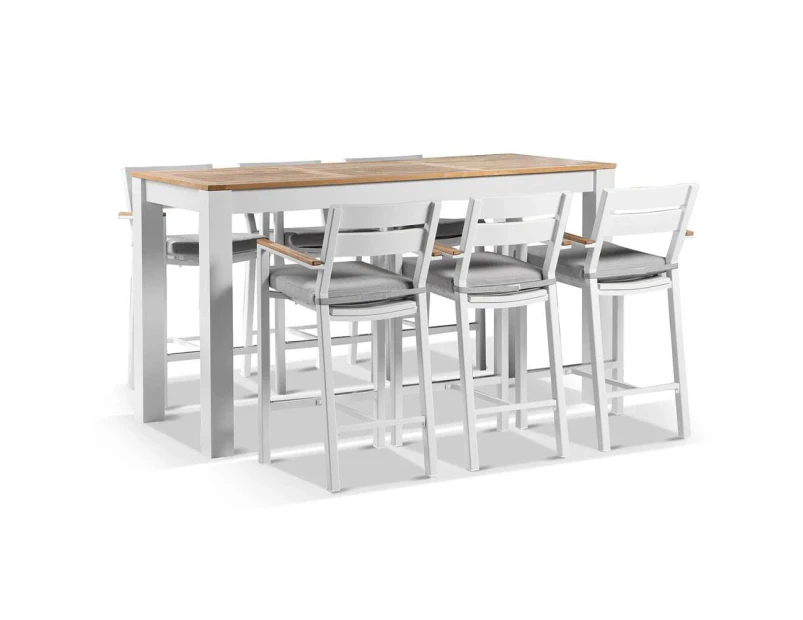 Outdoor Balmoral 2M Aluminium Bar Table With 6 Capri Bar Stools - Outdoor Aluminium Dining Settings - White Aluminium with Textured Olefin Grey Cushions