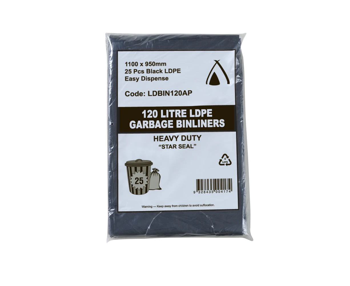 25 Pcs X 120L Black Garbage Ldpe Heavy Duty Bin Liners All Purpose Bags