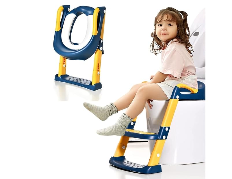 Potty Training Seat Ladder Toddler Potty Toilet Chair with Step Stool Ladder for Boy and Girl Kid Children Adjustable Stair Non-Slip Armrest Soft Cushion Potty Chair Blue Green Childrens Toilet 