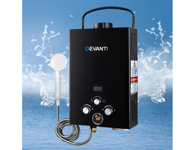 Devanti Portable Gas Water Heater 8L/Min With Pump LPG System Black