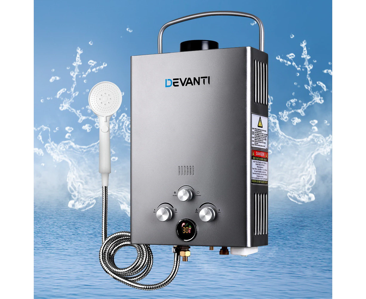 Devanti Portable Gas Water Heater 8L/Min With Pump LPG System Grey