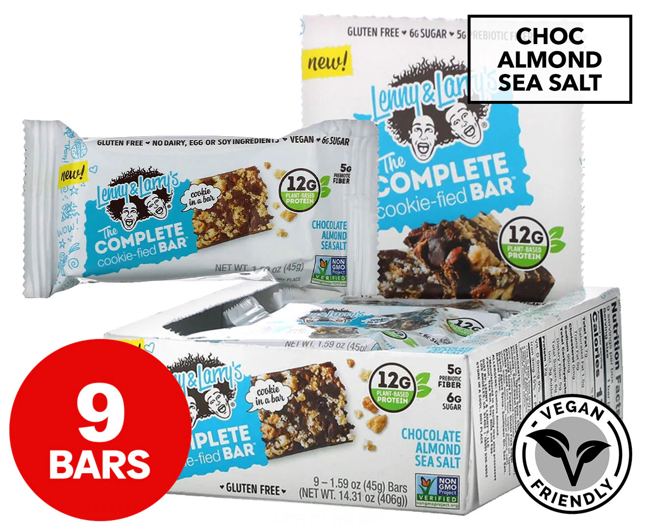 9 x Lenny & Larry's The Complete Cookie-fied Bar Chocolate Almond Sea Salt 45g