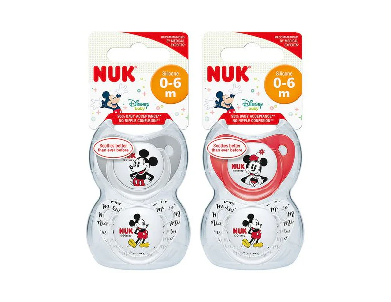 NUK Mickey Mouse Trendline Silicone Soother 0-6 months - 2 Pack - Assorted* - Multi