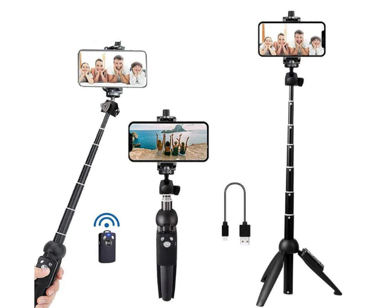 Portable Selfie Stick Phone Tripod With Wireless Remote Shutter Mobile Accessories - Black