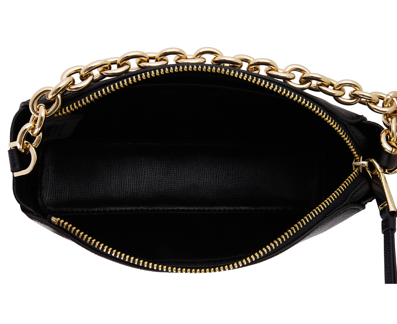 Calvin Klein Hailey Saffiano Black Shoulder Bag With Gold Chain And Strap