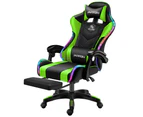 Professional Green Ergonomic Gaming Chair with LED Rim Massage Pillow PU Leather Material Headrest Armrest Footrest