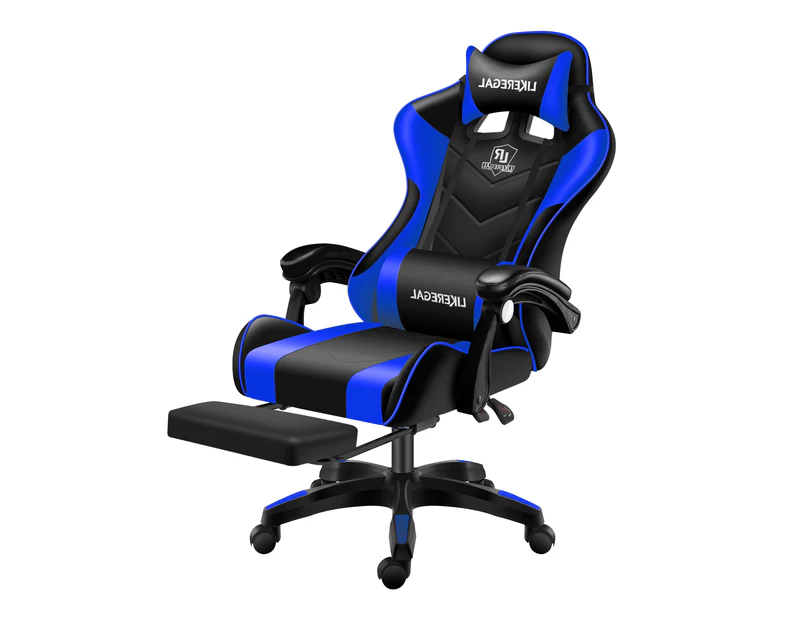 Professional Blue Ergonomic Gaming Chair with Massage Pillow PU Leather Material Headrest Armrest Footrest