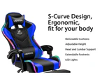 Professional Blue Ergonomic Gaming Chair with LED Rim Massage Pillow PU Leather Material Headrest Armrest Footrest