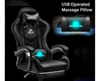 Professional Blue Ergonomic Gaming Chair with LED Rim Massage Pillow PU Leather Material Headrest Armrest Footrest