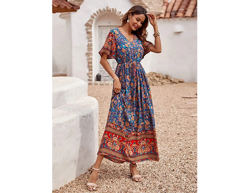 V Neck Summer Boho High Waist Maxi Dresses