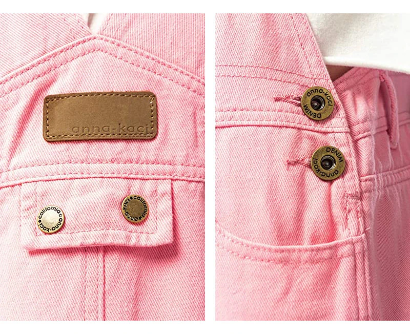 (X-Large, Pink) - Anna-Kaci Womens Vintage Wash Straight Leg Denim Overalls with Pocket Bib