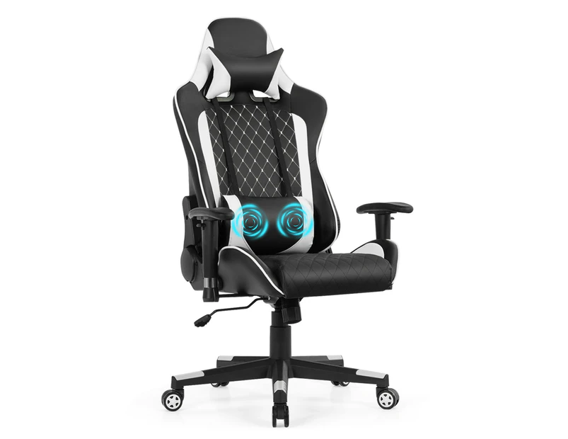 Giantex Gaming Chair Massage Cushion High Back Reclining Chair Swivel Ergonomic Computer Chair Embroidered PU w/Headrest for Home Office,White