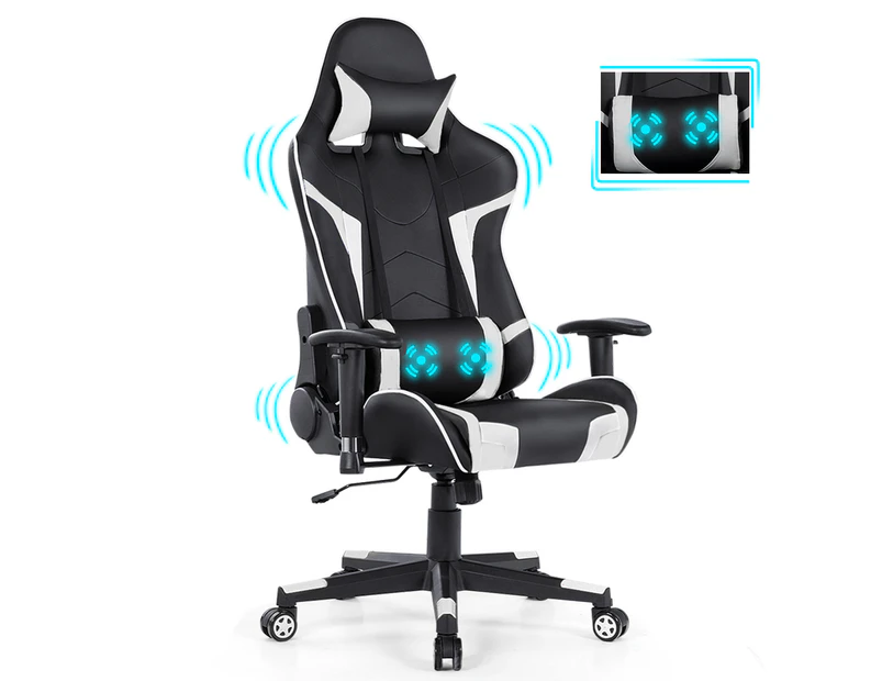 Giantex Gaming Chair Massage Cushion High Back Racing Chair 360 Swivel Ergonomic Computer Chair w/Adjustable Backrest & Armrest for Home Game Room,White