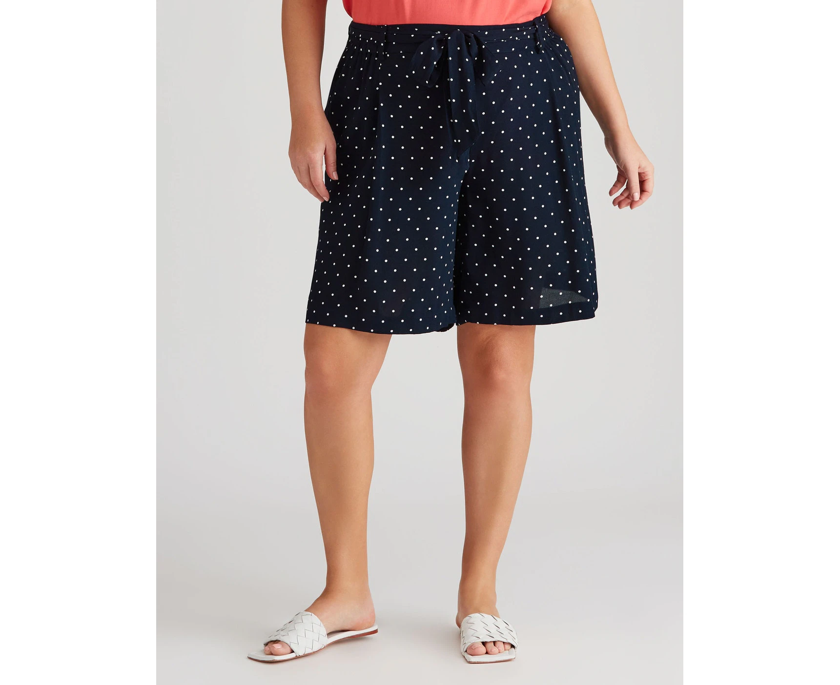 Autograph - Plus Size - Womens Blue Shorts - Summer - Woven - Bermuda High Waist - Mini Spot - Polkadot - Woven - Relaxed Fit - Tie Front Casual Wear